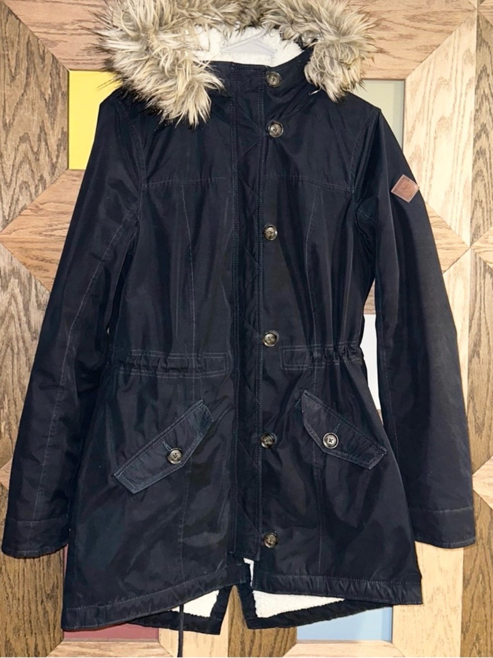 Vtg Hollister Sherpa Lined Parka Faux Fur Hood Navy Blue Y2K Coat Women’s Sz L